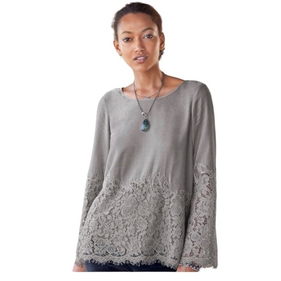 SUNDANCE Gray Velvet/Lace Blouse - Picture 1 of 6
